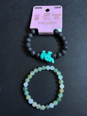 2 Beaded Stretchy Bracelets - 9 mm Elephant Lava Stone & 7 mm Green Crystal*